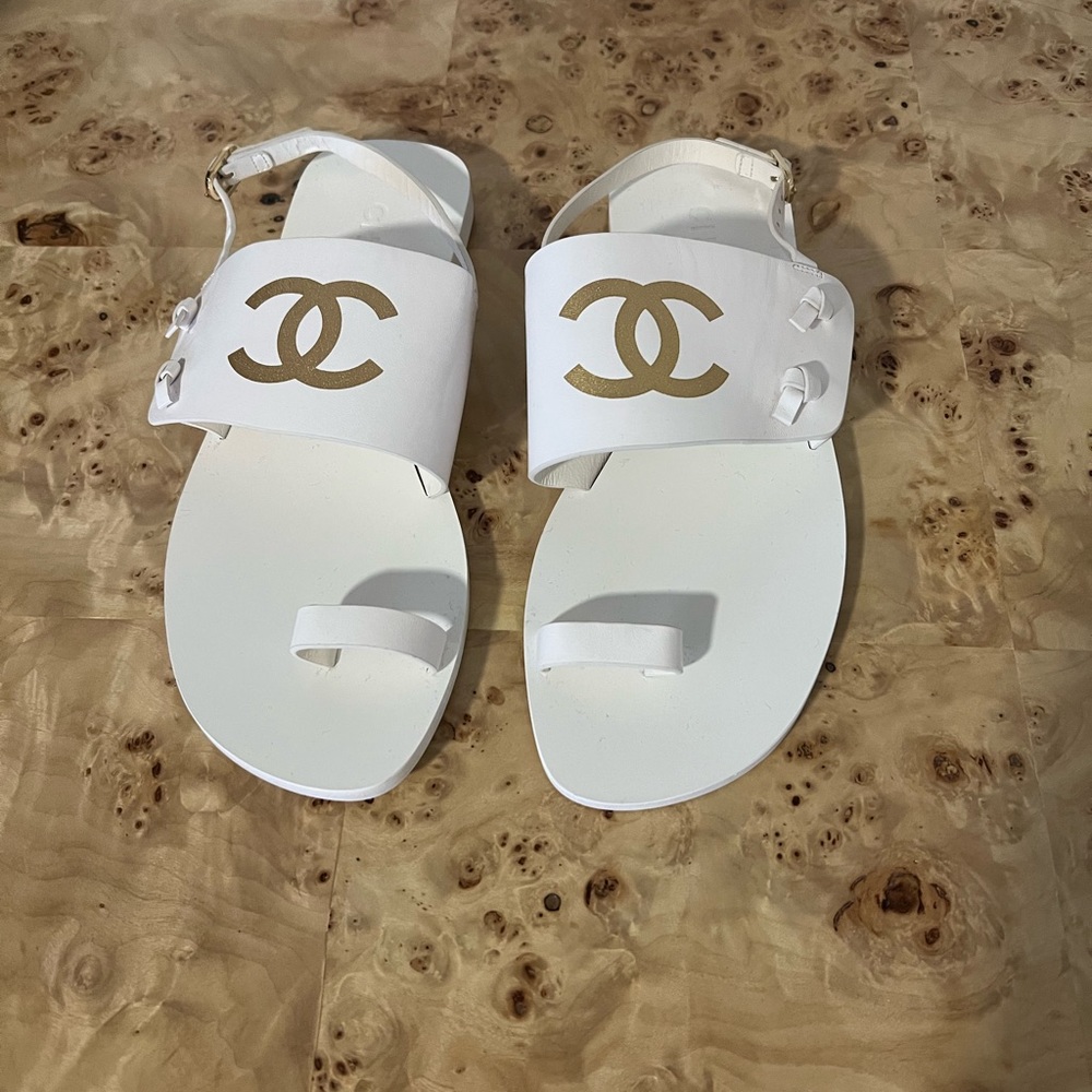 Chanel White CC Leather Sandals